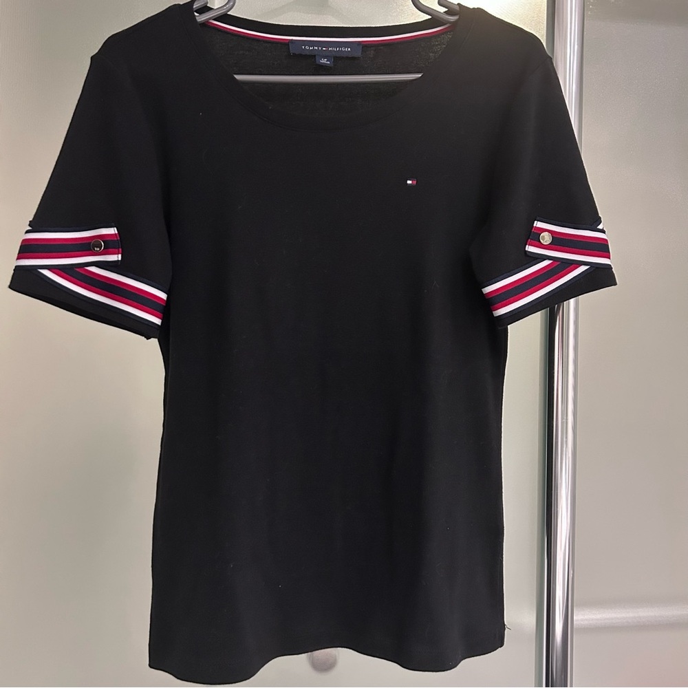 Tommy Hilfiger Black Tee with Striped Sleeves